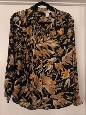 H&M Black Button-Down Shirt with Tan Floral Print
